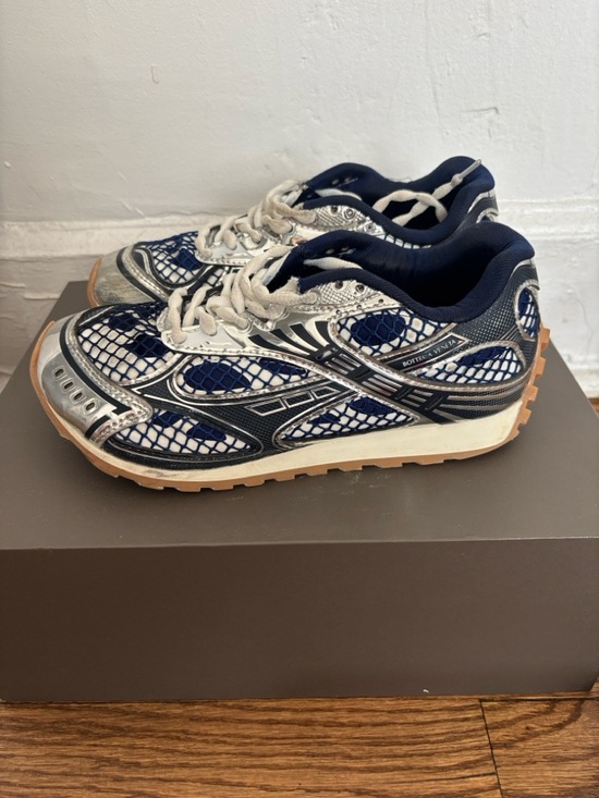 Bottega Veneta Shoes - Bottega Veneta Navy White Silver Mesh Runner Sneakers